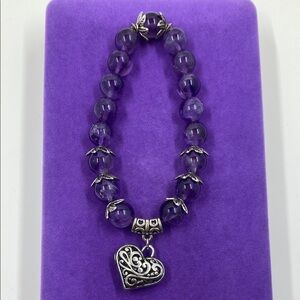💛 Classic Purple Amethyst Beaded with Heart Charm Bracelet
